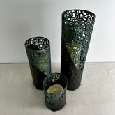3 Faux Candles in Green & Black Pounded Metal Candleholders